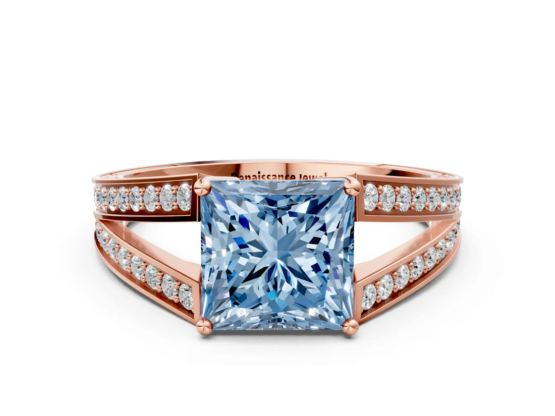 Rose gold Fancy Blue Princess Cut Diamond Split Shank Ring with Pavé Band and Four-Prong Setting_91