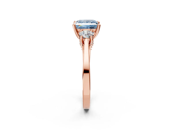 Rose gold Fancy Blue Princess Cut Diamond Three-Stone Engagement Ring with Prong Setting and Pavé Band