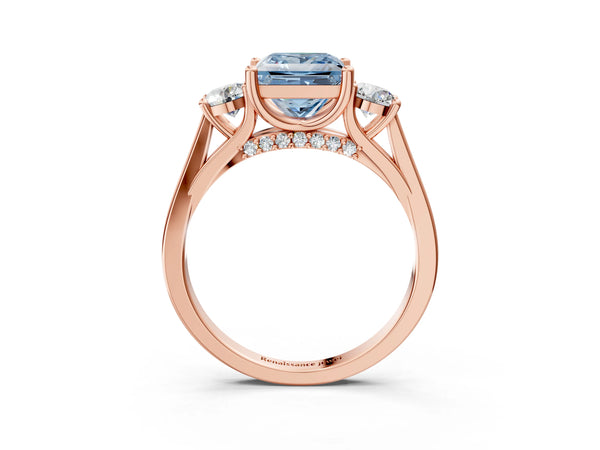 Rose gold Fancy Blue Princess Cut Diamond Three-Stone Engagement Ring with Prong Setting and Pavé Band