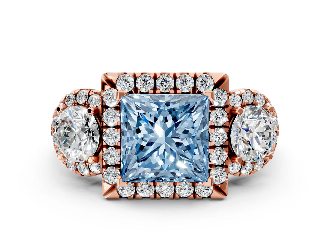 Rose gold Fancy Blue Princess Cut Diamond Three-Stone Halo Ring with Prong Setting and Pavé Accents