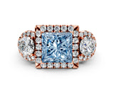 Rose gold Fancy Blue Princess Cut Diamond Three-Stone Halo Ring with Prong Setting and Pavé Accents