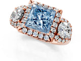 Rose gold Fancy Blue Princess Cut Diamond Three-Stone Halo Ring with Prong Setting and Pavé Accents_1