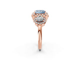 Rose gold Fancy Blue Princess Cut Diamond Three-Stone Halo Ring with Prong Setting and Pavé Accents_2