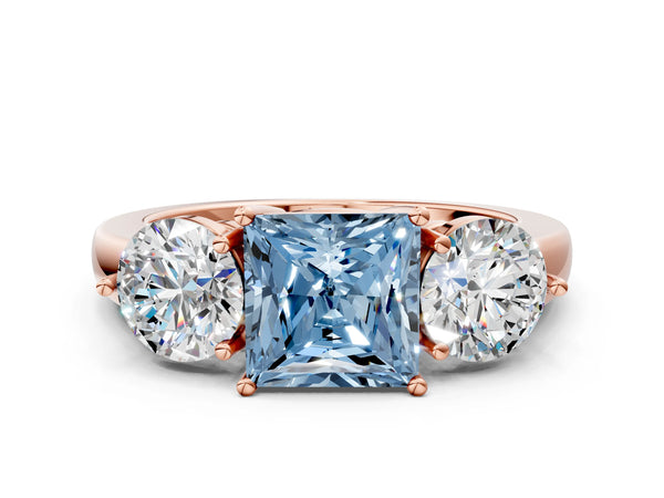 Rose gold Fancy Blue Princess Cut Diamond Three-Stone Ring with Prong Setting and Classic Band