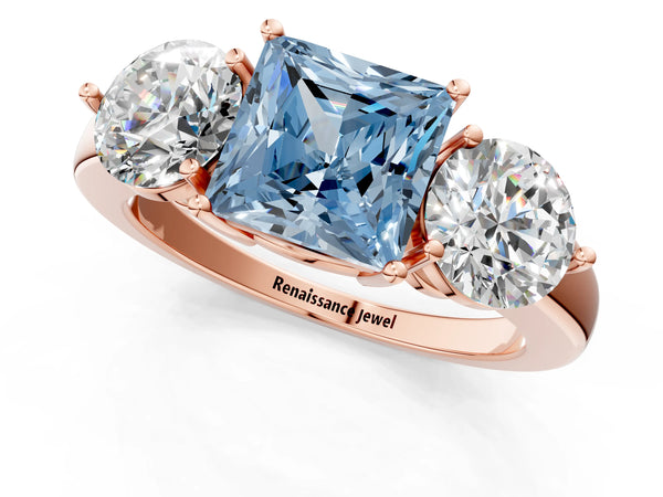 Rose gold Fancy Blue Princess Cut Diamond Three-Stone Ring with Prong Setting and Classic Band
