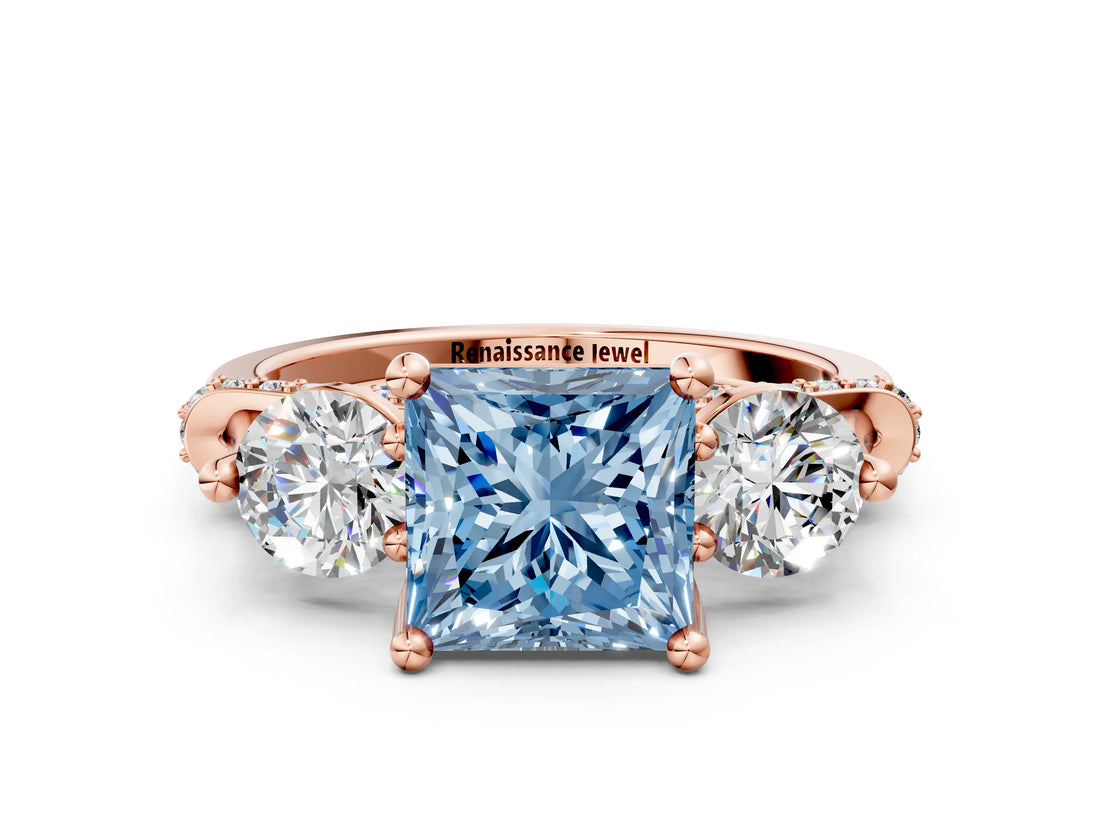 Rose gold Fancy Blue Princess Cut Diamond Three-Stone Ring with Prong Setting and Pavé Band