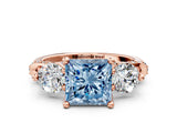 Rose gold Fancy Blue Princess Cut Diamond Three-Stone Ring with Prong Setting and Pavé Band