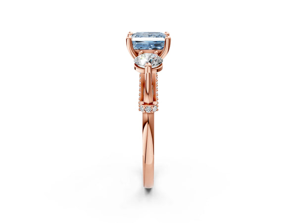 Rose Gold Princess Cut Curved Pave Three Stone Engagement Ring Setting for Fancy Blue Center