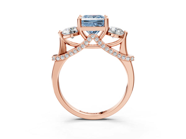 Rose Gold Princess Cut Curved Pave Three Stone Engagement Ring Setting for Fancy Blue Center
