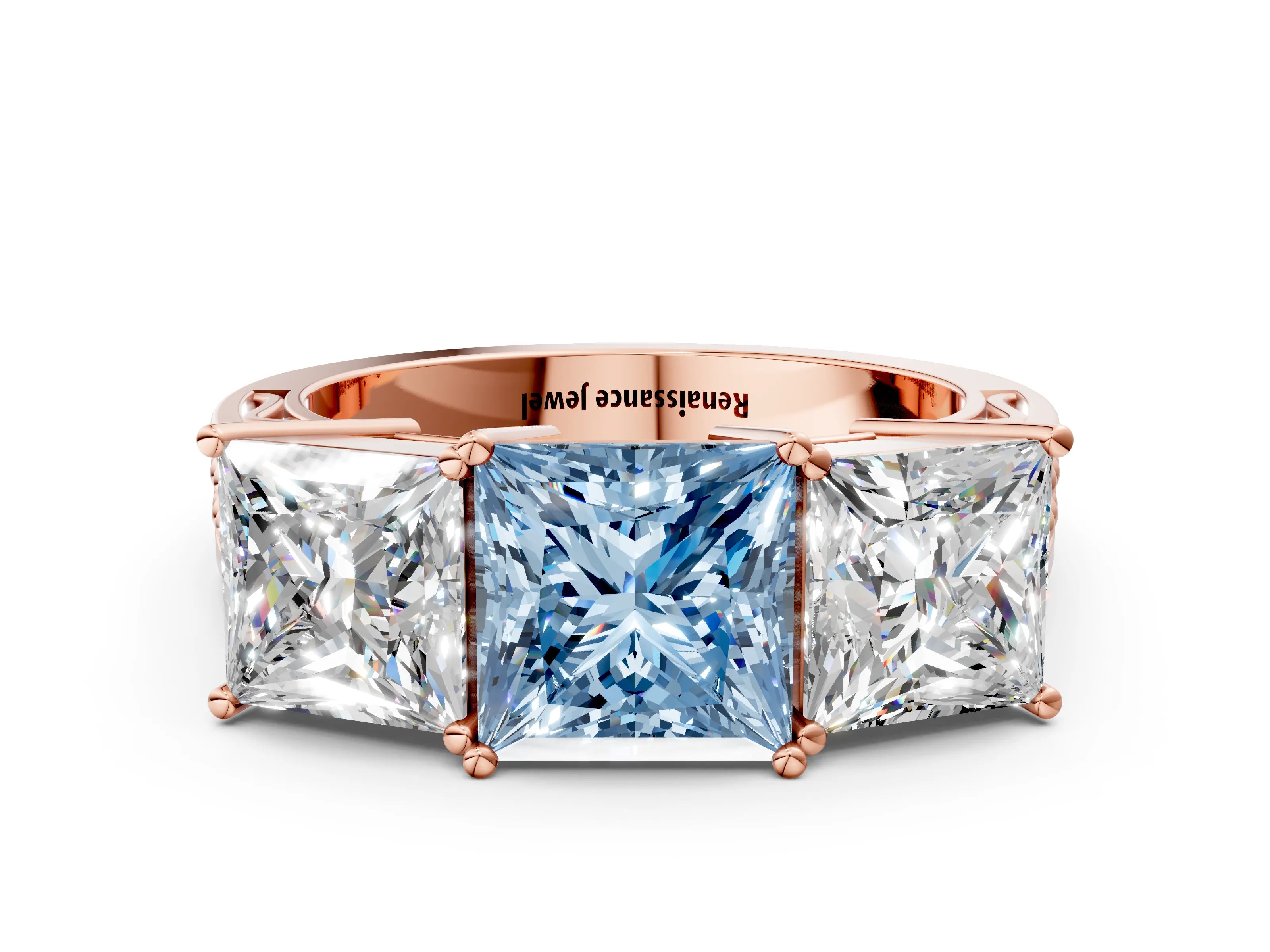 Rose gold Fancy Blue Princess Cut Diamond Three-Stone Ring with Prong Setting and Textured Band