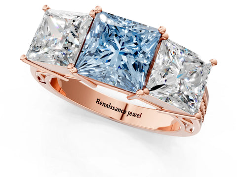 Rose gold Fancy Blue Princess Cut Diamond Three-Stone Ring with Prong Setting and Textured Band_1