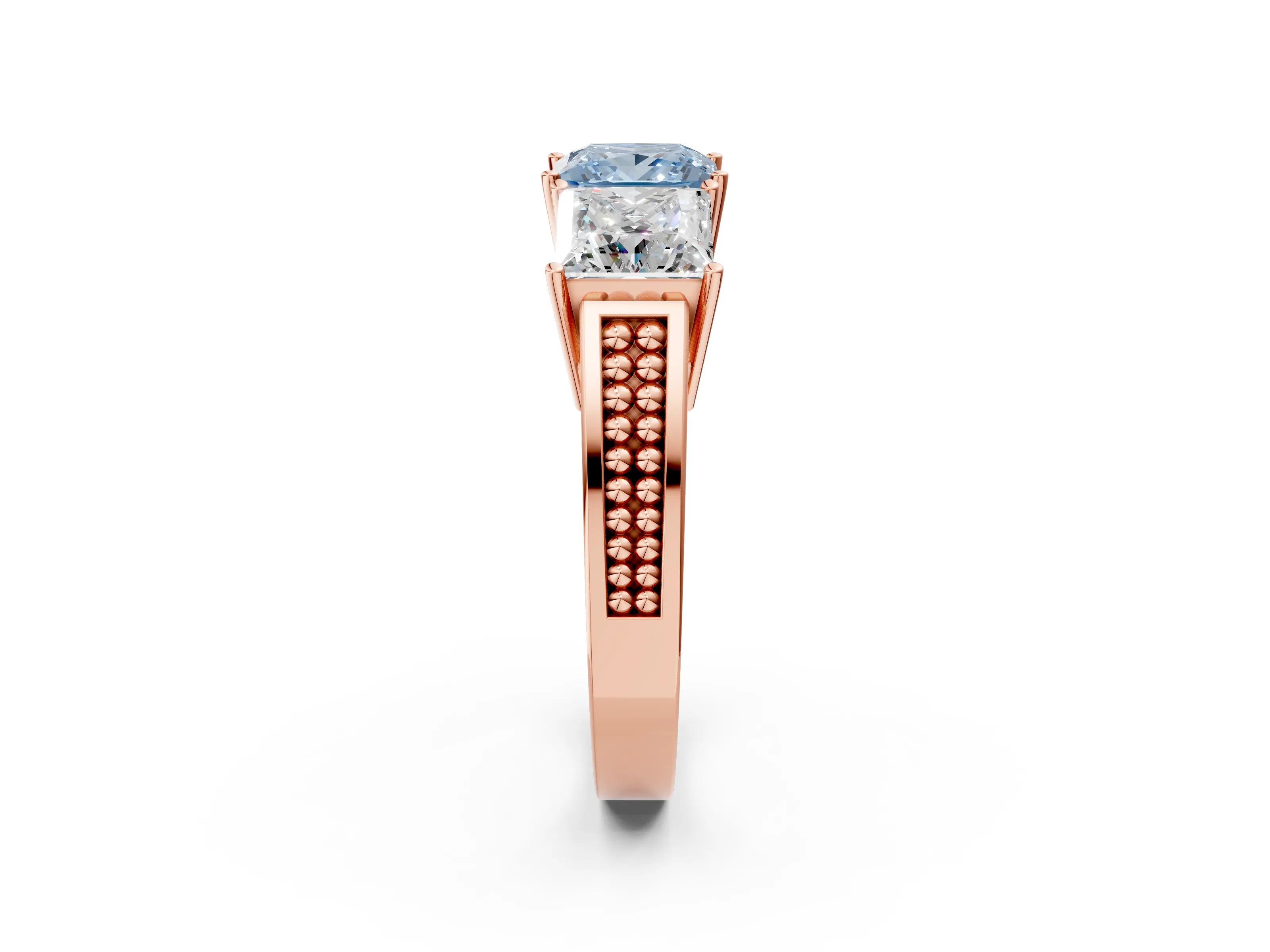 Rose gold Fancy Blue Princess Cut Diamond Three-Stone Ring with Prong Setting and Textured Band_2