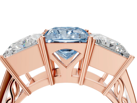 Rose gold Fancy Blue Princess Cut Diamond Three-Stone Ring with Prong Setting and Textured Band_4