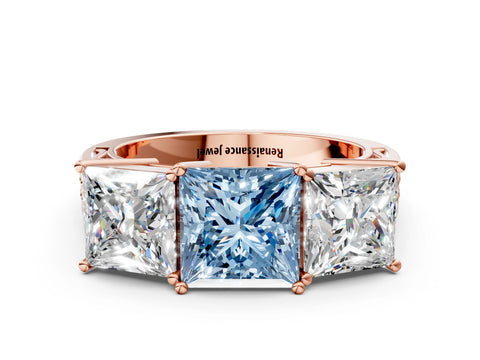 Rose gold Fancy Blue Princess Cut Diamond Three-Stone Ring with Prong Setting and Textured Band