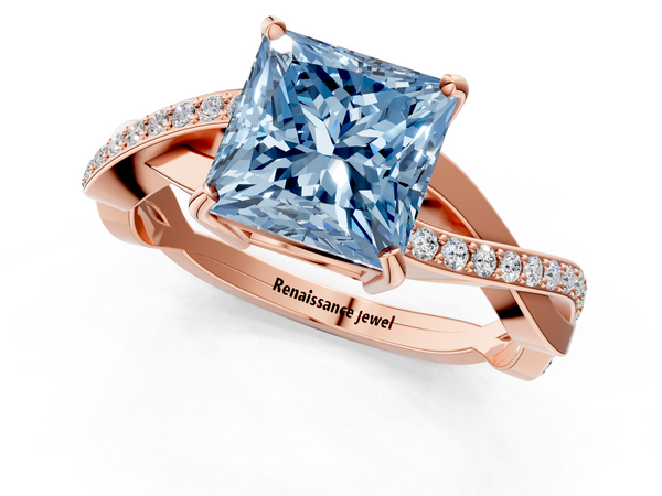 Rose gold Fancy Blue Princess  Cut Diamond Twisted Band Engagement Ring with Prong Setting