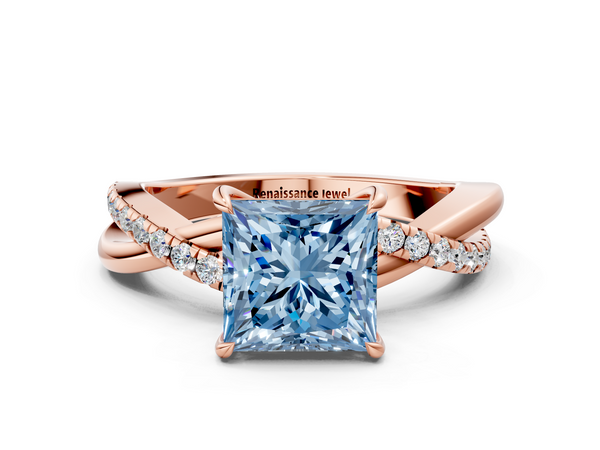 Rose gold Fancy Blue Princess  Cut Diamond Twisted Band with Pavé Setting and Four-Prong Setting