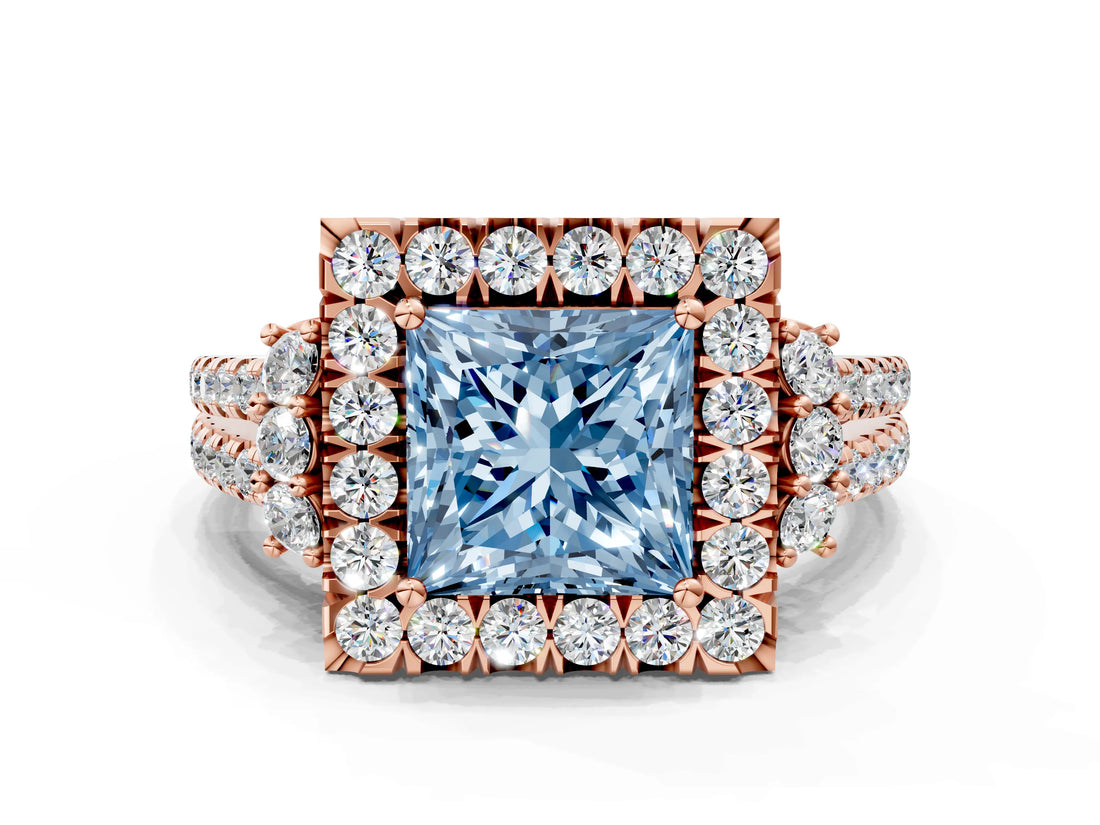 Rose gold Fancy Blue Princess  Cut Double Halo Diamond Engagement Ring with Pave Band and Four-Prong Setting