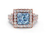 Rose gold Fancy Blue Princess  Cut Double Halo Diamond Engagement Ring with Pave Band and Four-Prong Setting