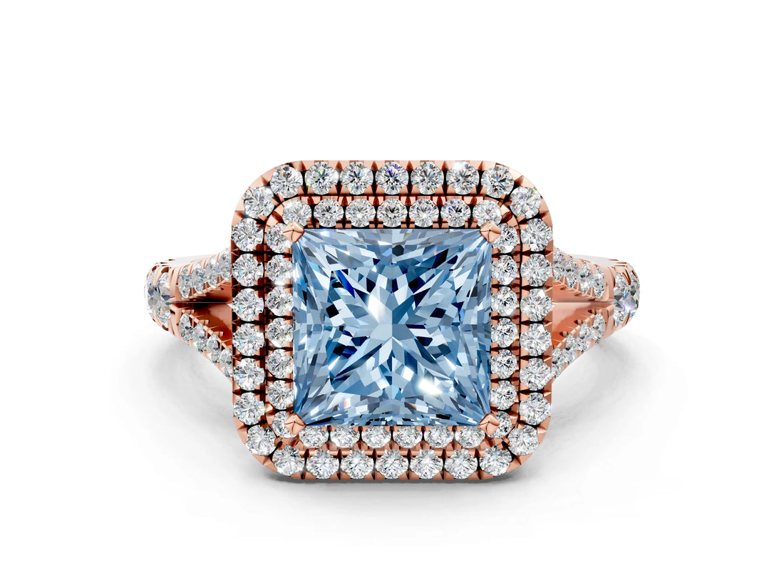 Rose gold Fancy Blue Princess  Cut Double Halo Split Shank Diamond Ring with Prong Setting_49