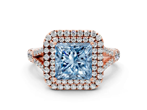 Rose gold Fancy Blue Princess  Cut Double Halo Split Shank Diamond Ring with Prong Setting