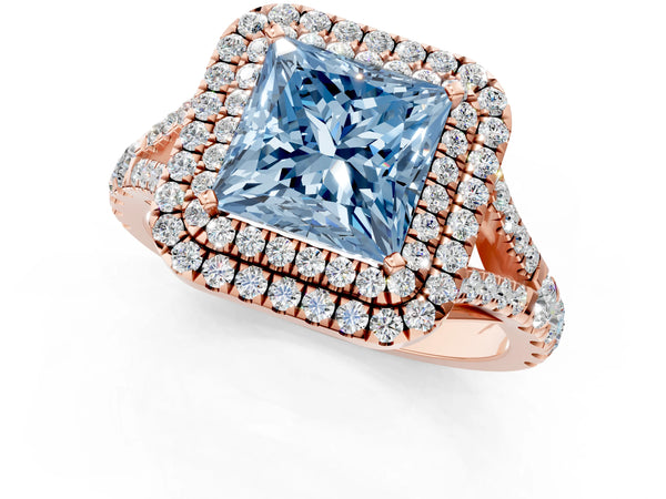 Rose gold Fancy Blue Princess  Cut Double Halo Split Shank Diamond Ring with Prong Setting