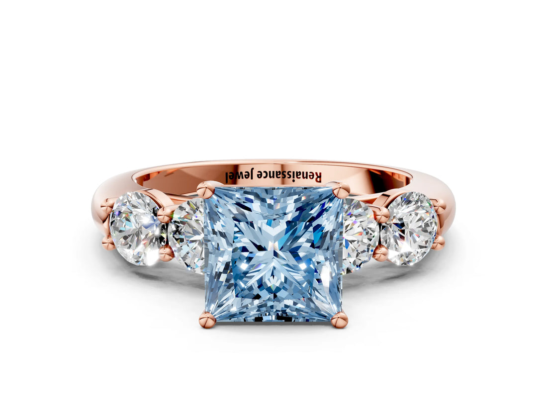 Rose gold Fancy Blue Princess  Cut Five-Stone Prong Set Diamond Ring with Classic Band_31