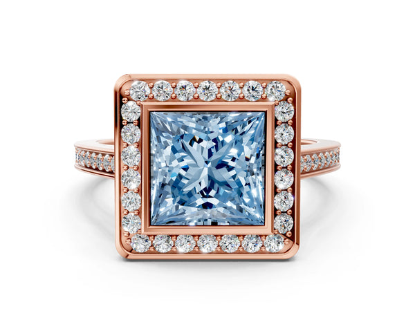 Rose gold Fancy Blue Princess Cut Halo Bezel Diamond Pave Band Ring