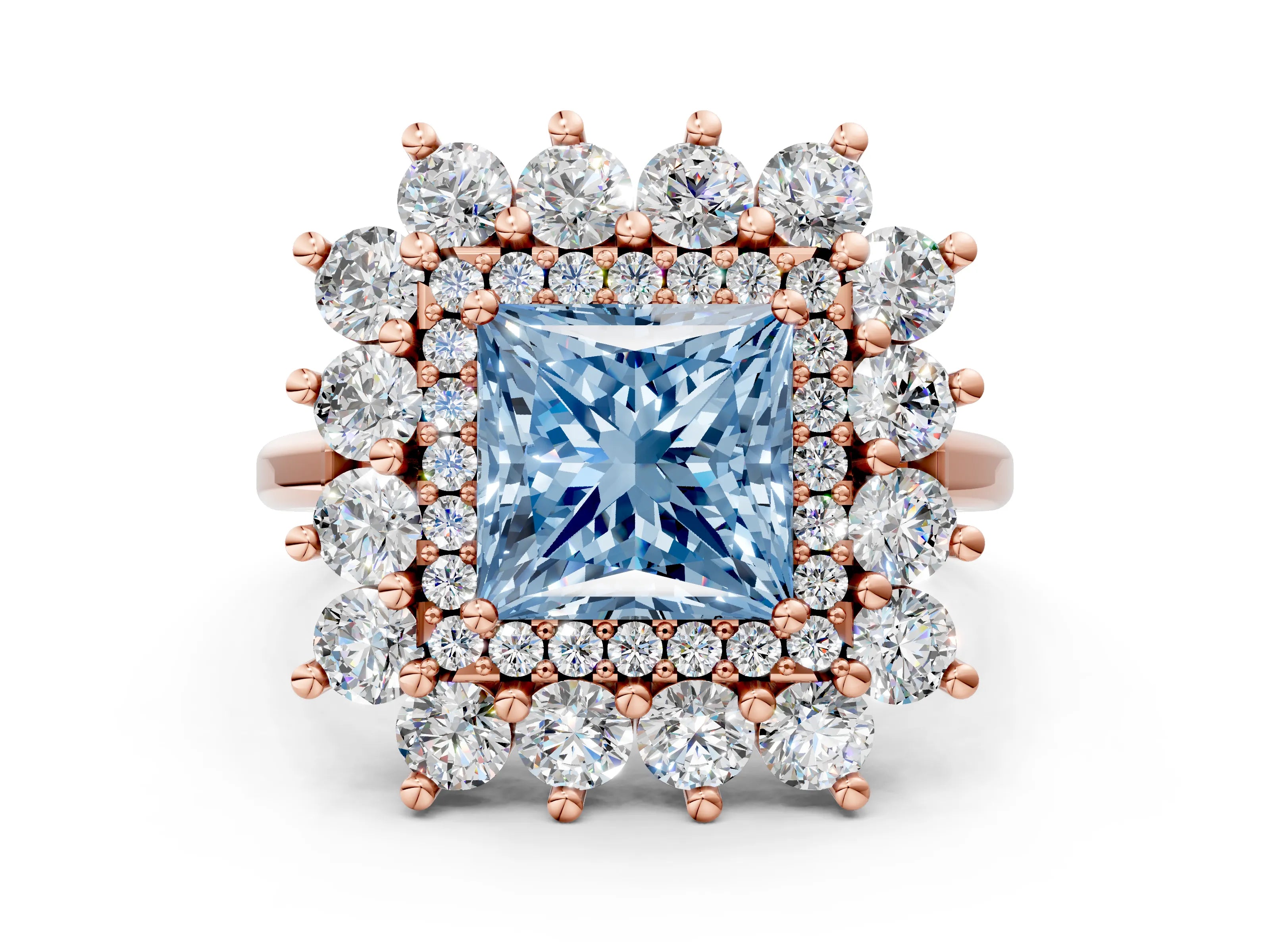 Rose gold Fancy Blue Princess Cut Halo Cluster Diamond Ring with Pave Band and Four-Prong Setting