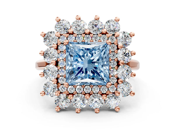 Rose gold Fancy Blue Princess Cut Halo Cluster Diamond Ring with Pave Band and Four-Prong Setting