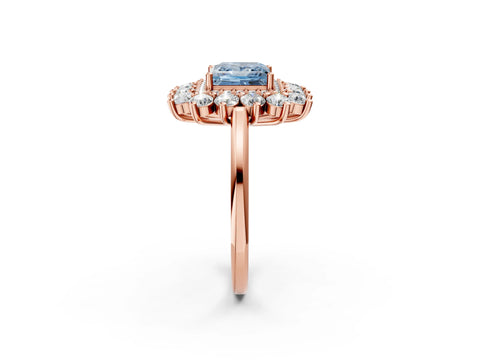 Rose gold Fancy Blue Princess Cut Halo Cluster Diamond Ring with Pave Band and Four-Prong Setting_14