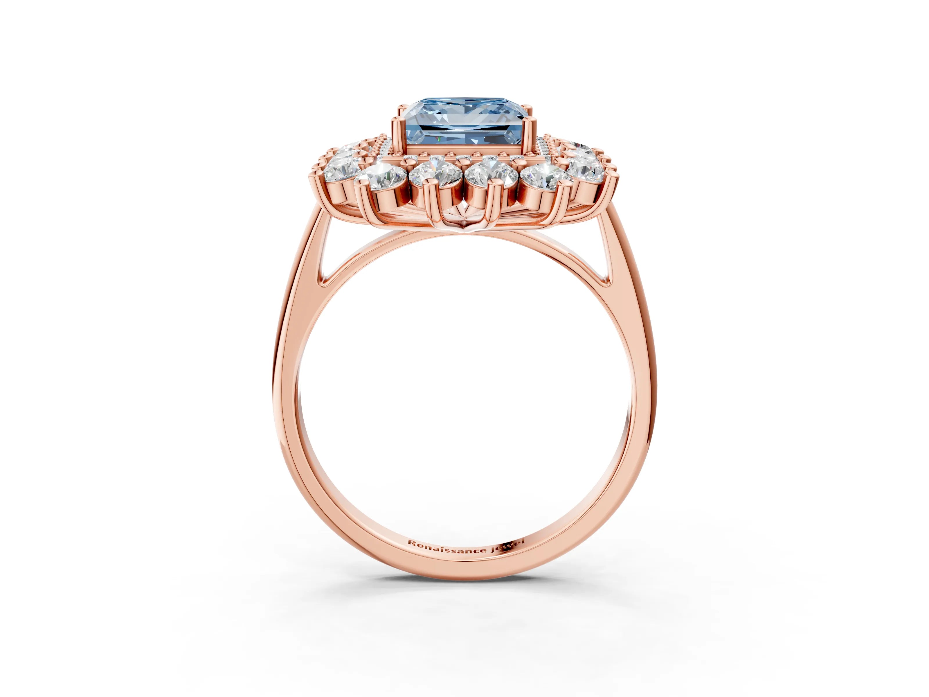 Rose gold Fancy Blue Princess Cut Halo Cluster Diamond Ring with Pave Band and Four-Prong Setting_15