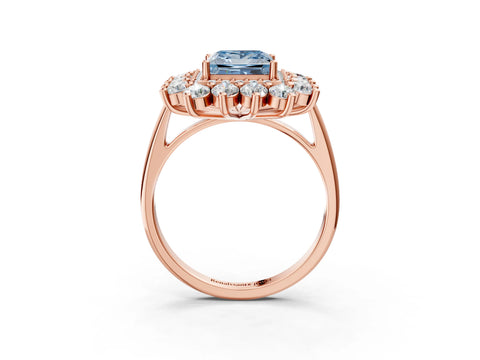 Rose gold Fancy Blue Princess Cut Halo Cluster Diamond Ring with Pave Band and Four-Prong Setting_15