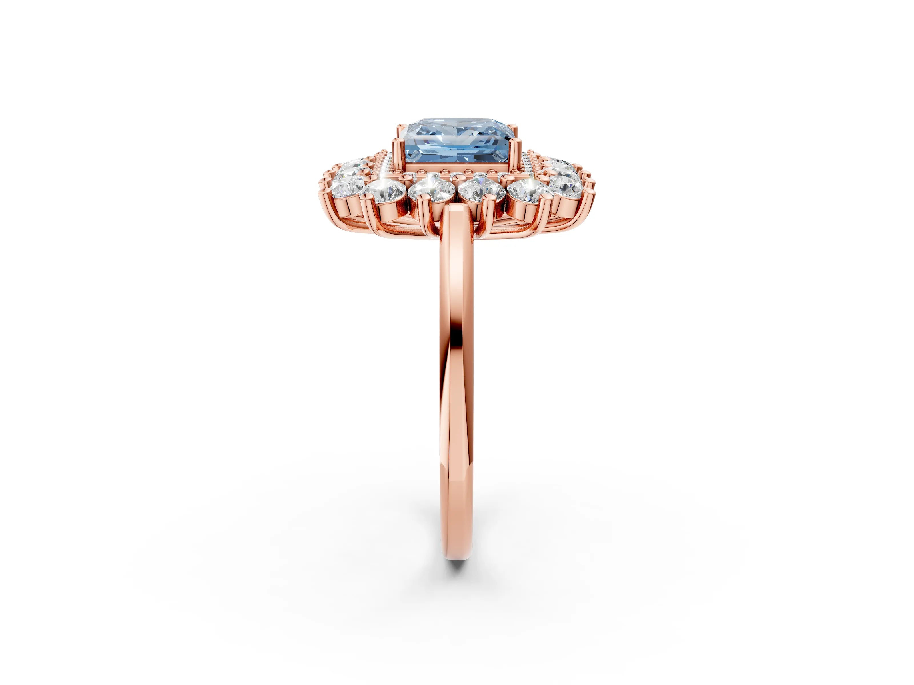 Rose gold Fancy Blue Princess Cut Halo Cluster Diamond Ring with Pave Band and Four-Prong Setting_2
