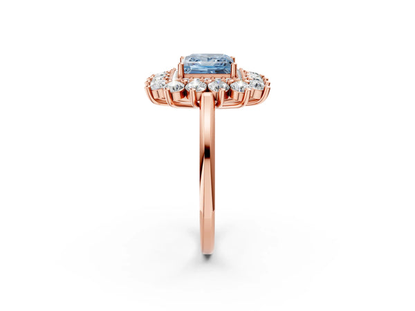 Rose gold Fancy Blue Princess Cut Halo Cluster Diamond Ring with Pave Band and Four-Prong Setting