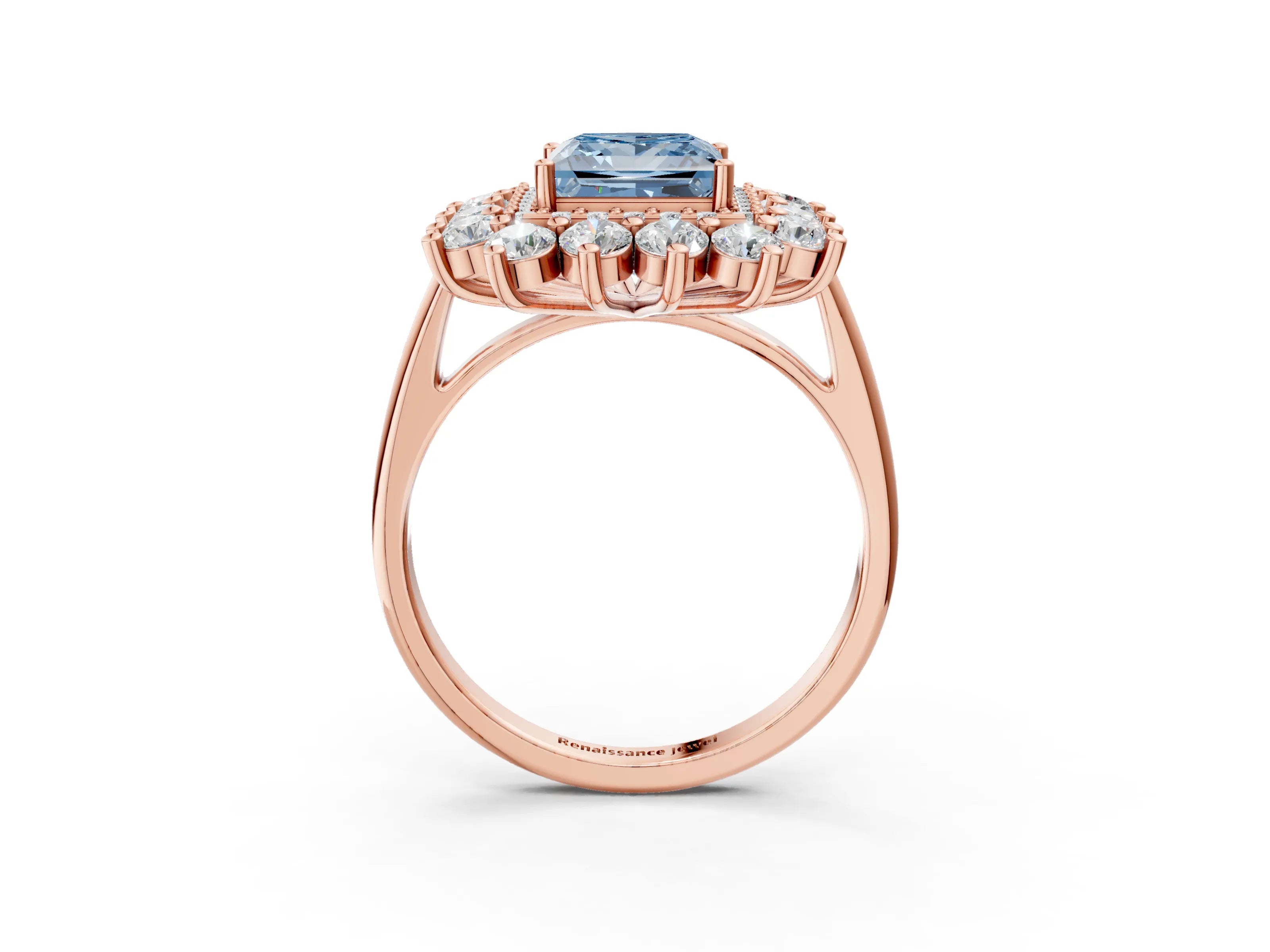 Rose gold Fancy Blue Princess Cut Halo Cluster Diamond Ring with Pave Band and Four-Prong Setting_3