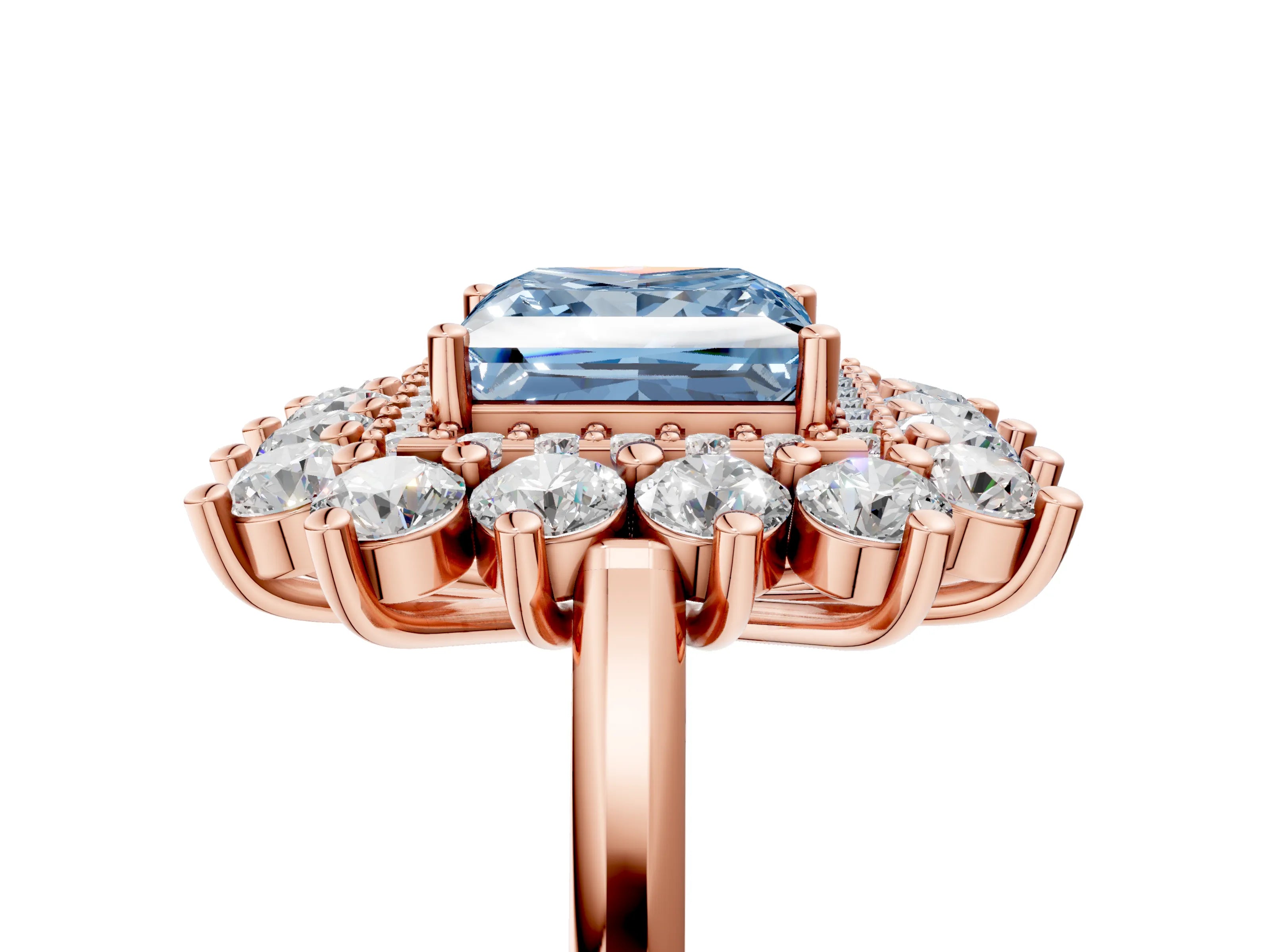 Rose gold Fancy Blue Princess Cut Halo Cluster Diamond Ring with Pave Band and Four-Prong Setting_5