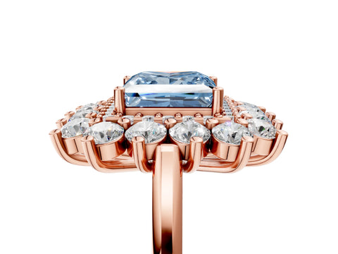 Rose gold Fancy Blue Princess Cut Halo Cluster Diamond Ring with Pave Band and Four-Prong Setting_5