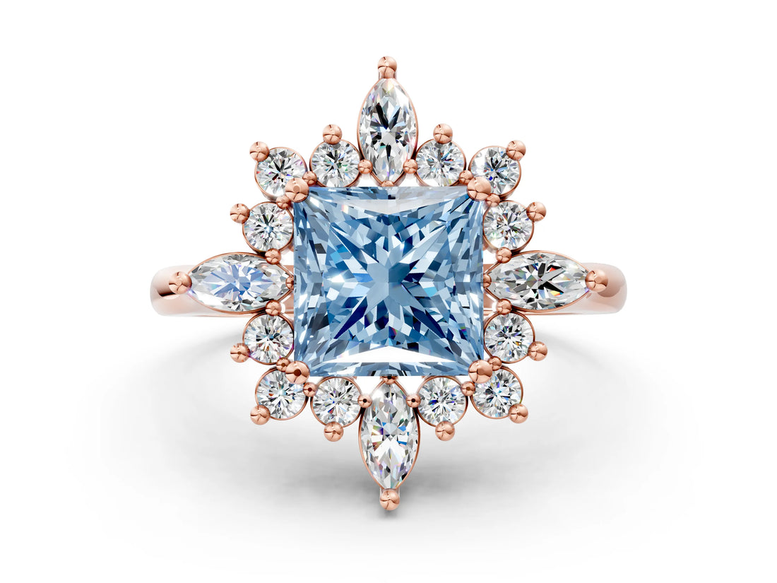 Rose gold Fancy Blue Princess Cut Halo Diamond Cluster Ring with Marquise and Round Stones on a White Gold Band with Prong Setting