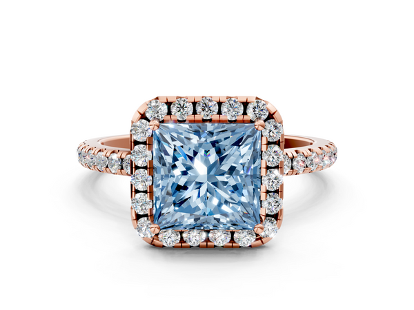 Rose gold Fancy Blue Princess  Cut Diamond Floral Halo Engagement Ring with Pavé Band and Prong Setting