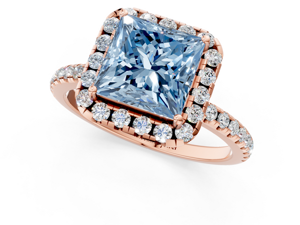 Rose gold Fancy Blue Princess  Cut Diamond Floral Halo Engagement Ring with Pavé Band and Prong Setting