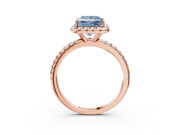 Rose gold Fancy Blue Princess  Cut Diamond Floral Halo Engagement Ring with Pavé Band and Prong Setting