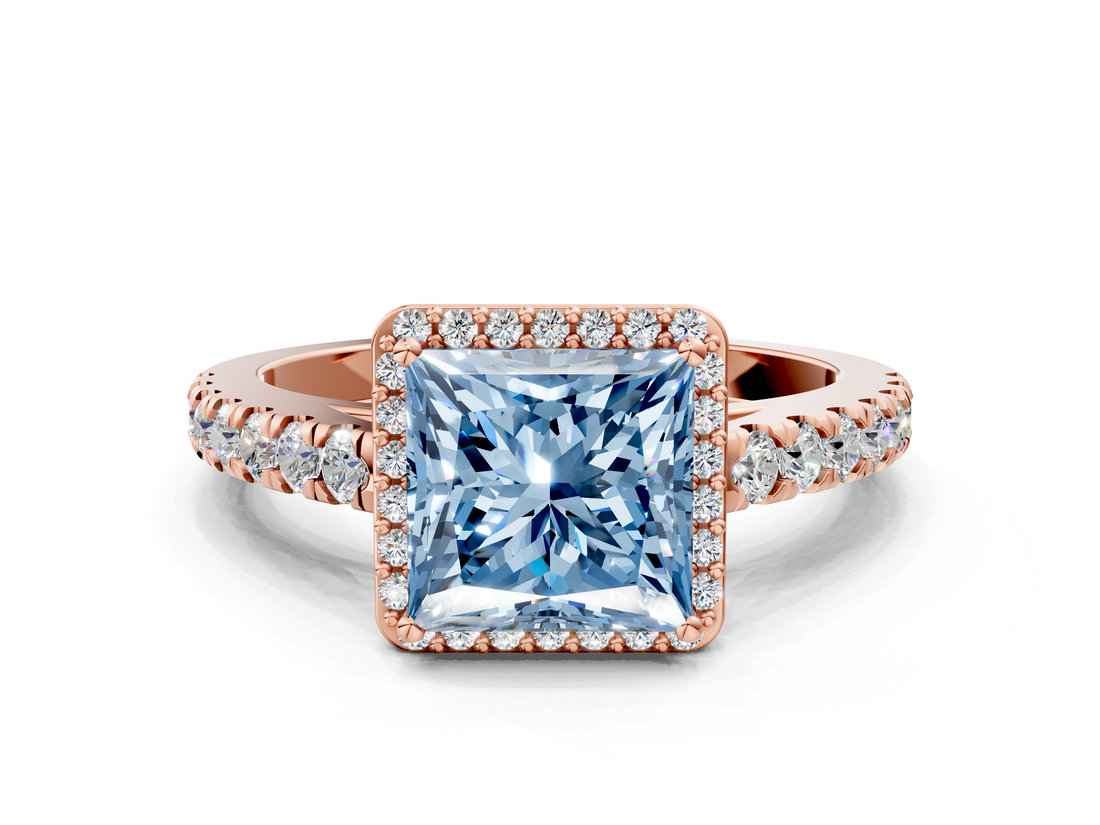 Rose gold Fancy Blue Princess  Cut Halo Diamond Engagement Ring with Pave Band and Four-Prong Setting_28