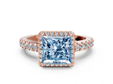 Rose gold Fancy Blue Princess  Cut Halo Diamond Engagement Ring with Pave Band and Four-Prong Setting_28