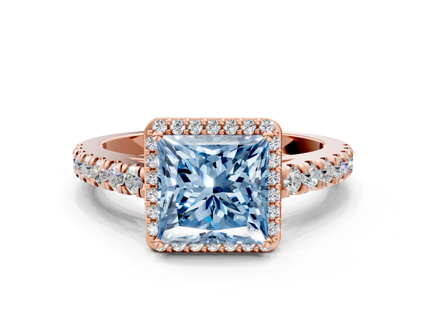 Rose gold Fancy Blue Princess  Cut Halo Diamond Engagement Ring with Pave Band and Four-Prong Setting