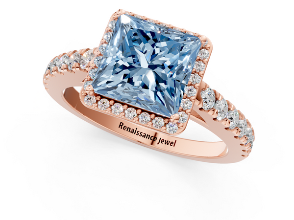 Rose gold Fancy Blue Princess  Cut Halo Diamond Engagement Ring with Pave Band and Four-Prong Setting