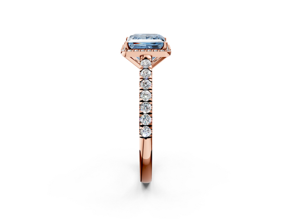 Rose gold Fancy Blue Princess  Cut Halo Diamond Engagement Ring with Pave Band and Four-Prong Setting