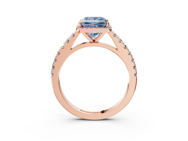 Rose gold Fancy Blue Princess  Cut Halo Diamond Engagement Ring with Pave Band and Four-Prong Setting