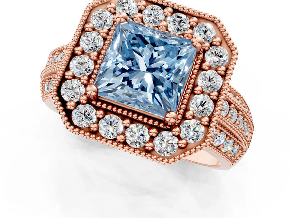 Rose gold Fancy Blue Princess Cut Halo Diamond Engagement Ring with Pave Split Shank and Four-Prong Setting