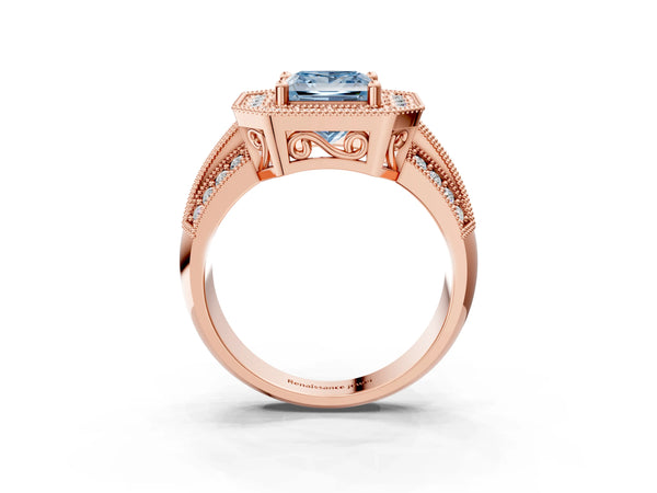 Rose gold Fancy Blue Princess Cut Halo Diamond Engagement Ring with Pave Split Shank and Four-Prong Setting