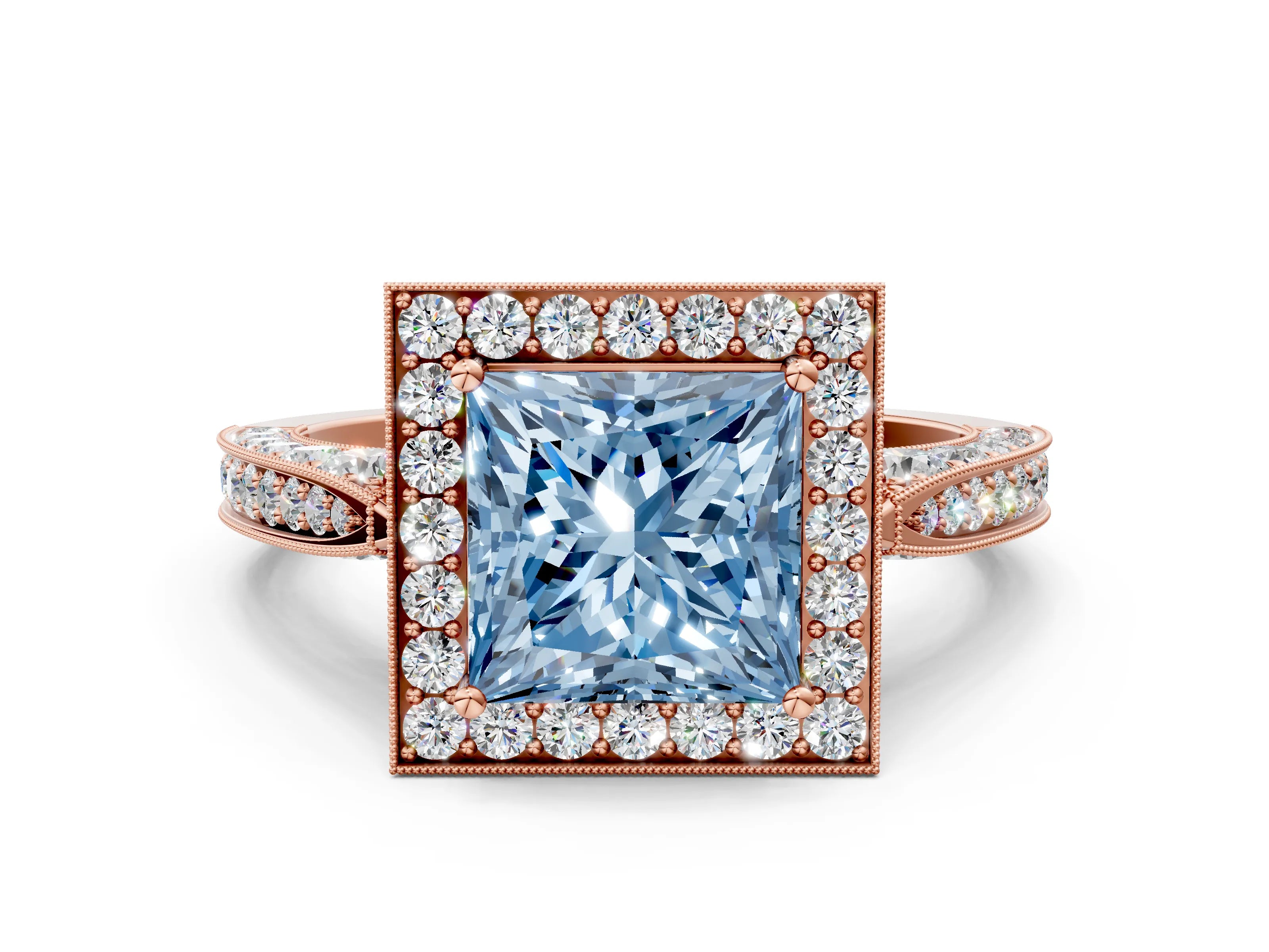 Rose gold Fancy Blue Princess Cut Halo Diamond Engagement Ring with Split Shank Band and Four-Prong Setting
